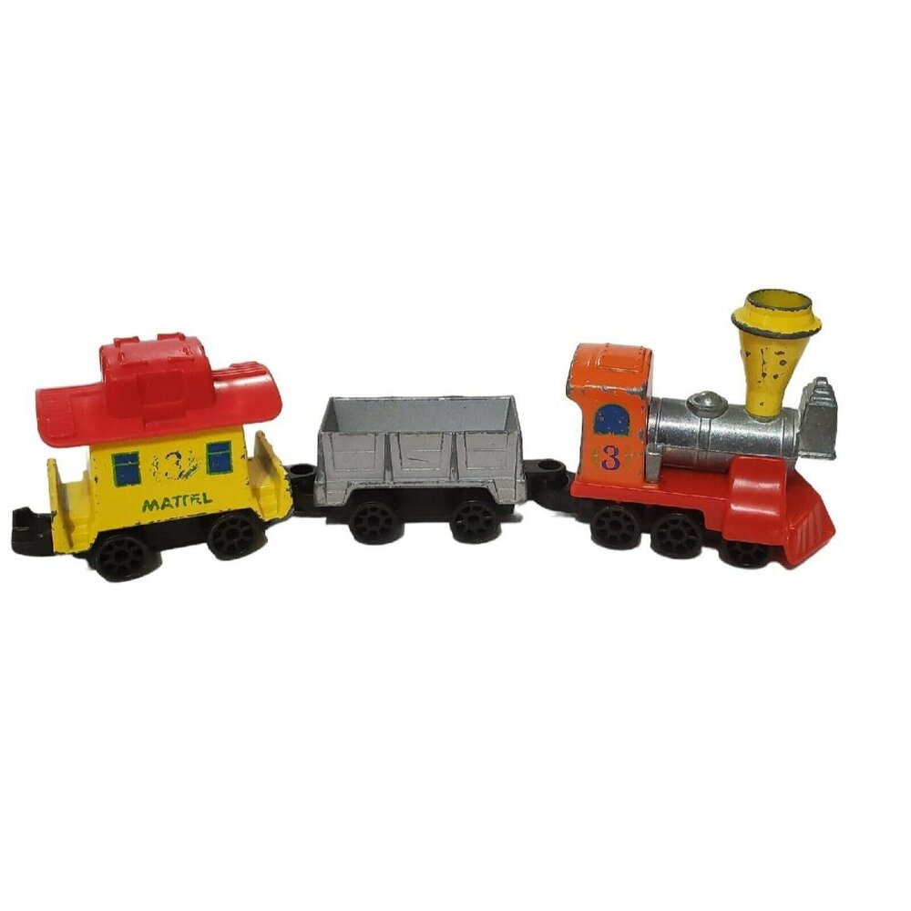 1980 My First Wheels Train Set Diecast 3 Rail Cars Engine Caboose Flat Bed VTG